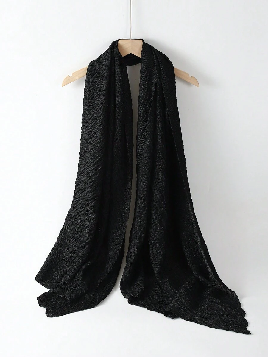 女士纯色褶皱长围巾/披肩 - 黑色 - 查看 1