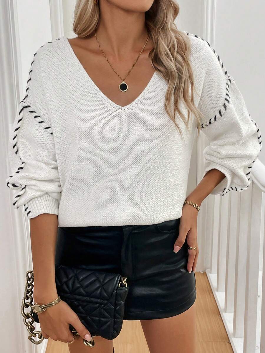 Chiquease Maglione casual oversize con scollo a V e dettagli in maglia, adatto per autunno/inverno