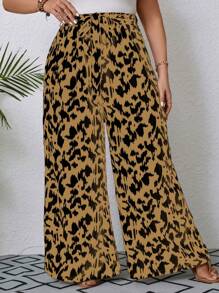 SHEIN VCAY Plus Size Full-Length Printed Paper Bag Waist Wide Leg Summer Pants - Coffee Brown - View 1