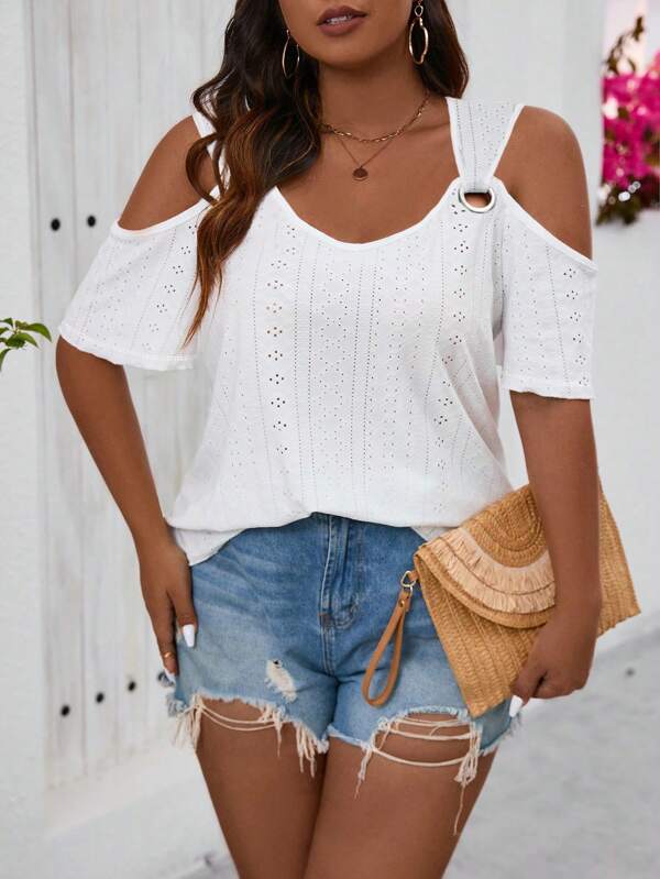 SHEIN LUNE Top Casual de Verão Tamanho Grande com Ombro Aberto e Furos com Decoração Metálica