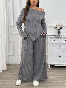 SHEIN Privé 大码女式休闲柔软舒适日常修身保暖分层单肩露肩下摆长袖灰色 T 恤和松紧腰灰色裤子 2 件套，春秋 - 灰色 - 查看 6