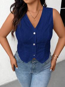 SHEIN Frenchy Plus Size Embroidered Textured Sleeveless Shirt - Navy Blue - View 5