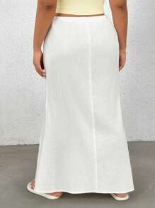 SHEIN EZwear Plus Size Cotton Drawstring White Maxi Skirt - Beige - View 3