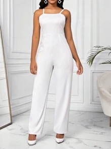 SHEIN Lady 1 件白色燕尾喇叭形女式修身连体裤 - 白色 - 查看 3