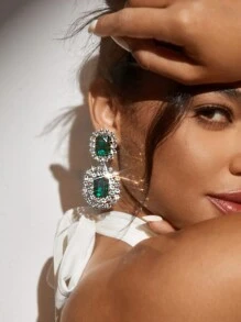 SHEIN SXY 1 Pair Glitzy Geometric Claw Chain Dangle Earrings For Daily Wear - Dark Green - View 5