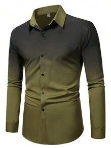 Manfinity Homme 男士漸層色長袖商務出差襯衫，春季/夏季 - 軍綠色 - 查看 3