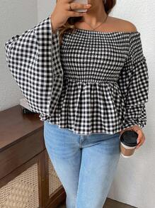 Calvaya Plus Size Off-Shoulder Gingham Ruffled Casual Blouse, Vacation - Black and White - View 4