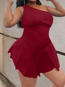 Maweii 大码女式纯色针织不对称性感连体裤新年服装 - 紅色 - 查看 5