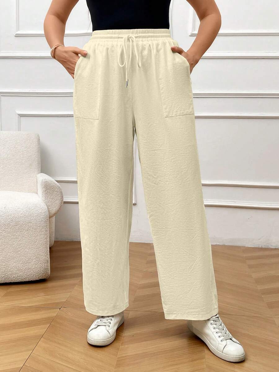 SHEIN Essnce Plus Size Women Casual Loose Drawstring Pocket Linen White Pants - Khaki - View 1