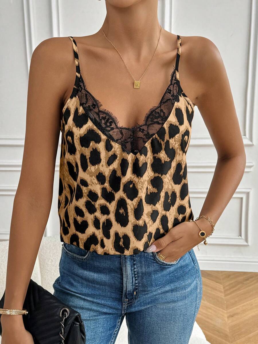 SHEIN Frenchy Leopard Print Contrast Lace Cami Top Commute  Minimalist Office  Old Money Simple  Commute Minimalist Office Old Money  Simple Brown Summer Casual - Coffee Brown - View 1