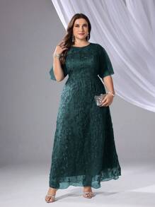 SHEIN Belle Plus Size Women Embroidered Decor Round Neck Short Sleeve Mesh Bridesmaid Dress - Dark Green - View 4