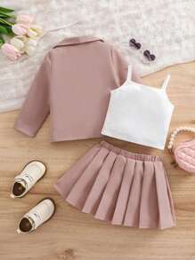 SHEIN Baby Girl Fashionable Cute Simple Color Suit Jacket & Pleated Skirt Suspender Vest Set - Pink - View 2