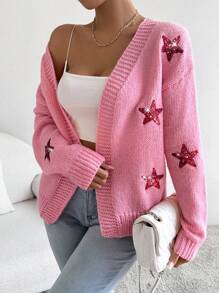 Chiquease Women's Long Sleeve Five-Pointed Star Design Casual Loose Cardigan