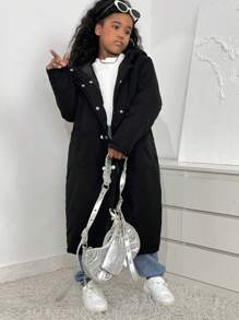 SHEIN Tween Mädchen Urban Casual Loose Fit Langer wattierter Mantel mit Kapuze und Gürtel