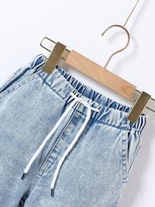 SHEIN Casuvi Kids Young Boy Retro Casual Street Style Cool Multi-Pocket Loose And Comfortable Full Elastic Waist Drawstring Cuff Denim Overalls, School, Campus, College Summer Holiday - Medium Wash - View 5