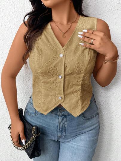 SHEIN Frenchy Plus Size V-Neck Everyday Casual Fashionable Embroidery Textured Fabric Sleeveless Blouse
