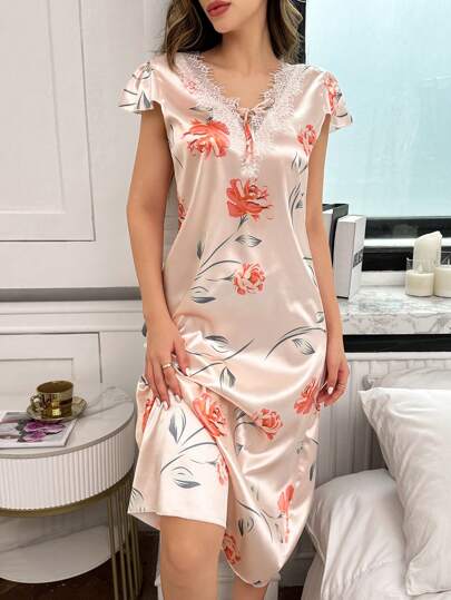 LuxeNights Ladies Lace V-Neck Flower Full Print Simulation Silk Nightdress Luxe Loungewear