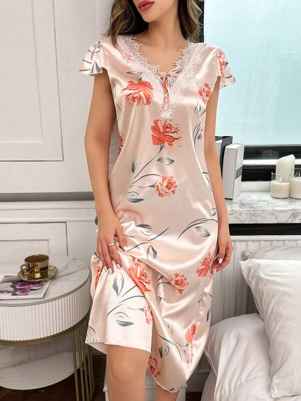Ladies Lace V-Neck Flower Full Print Simulation Silk Nightdress Luxe Loungewear, Vacation