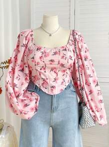 Soleia Blusa romántica con estilo de princesa, manga de farol, dobladillo asimétrico y estampado floral de pequeñas flores en color rosa para mujer de talla grande. Ropa de mujer para otoño, regreso a clases, conciertos, atuendos de despedida de soltera, agradecimiento