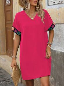 Breezaya V-Neck Raglan Sleeve  Woven Tape Patchwork Dress - Hot Pink - View 6