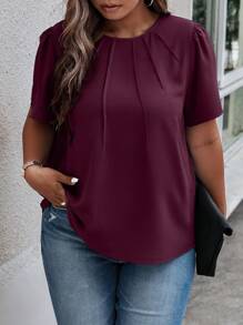 SHEIN Unity Plus Size Women's Solid Color Minimalist Everyday Short Sleeve Shirt - Maroon - View 5