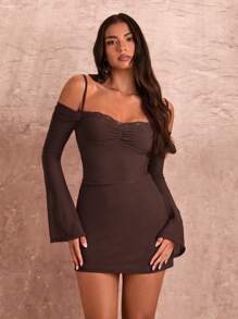 SHEIN BAE Summer Sexy  Lace Panel Sheer Sleeve Mini Dress - Coffee Brown - View 6