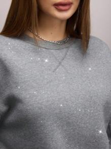 SHEIN SXY Quần áo mùa thu cho phụ nữ Áo nỉ dài tay rộng rãi đính đá Rhinestone cho ngày thường trở lại trường Áo nỉ ngoại cỡ mùa thu và đông Quần áo mùa thu cho phụ nữ - Xám - Xem 8