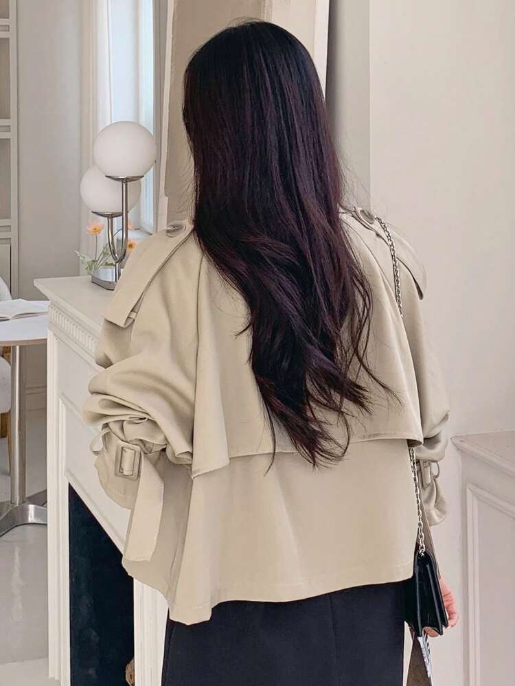 Damen einfarbige, doppelreihige, locker geschnittene Lässig Kurzjacke, Herbstbekleidung Damen Mäntel
