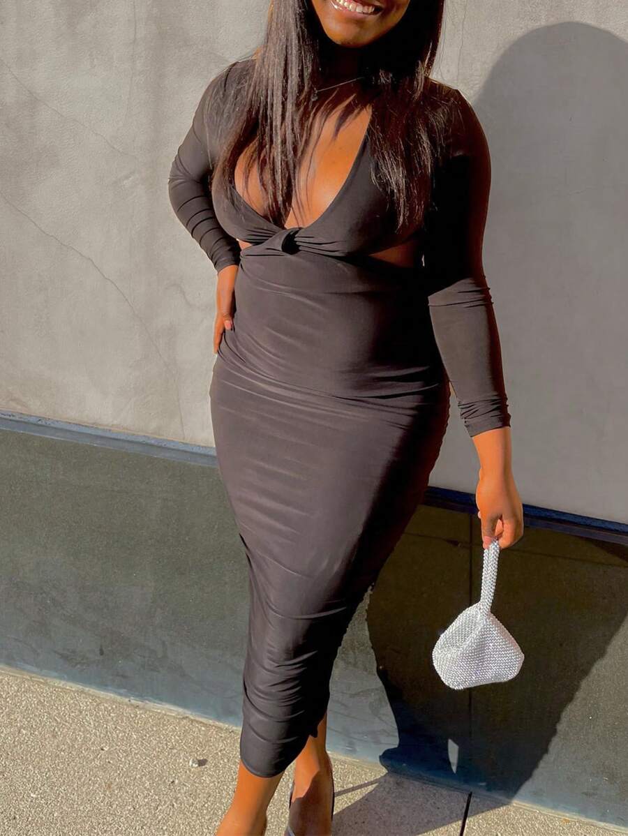 SHEIN Slayr Women's Spring And Summer Solid Color Deep V Waist Hollow Long Sleeve Sexy Slim Dress - Black - View 1