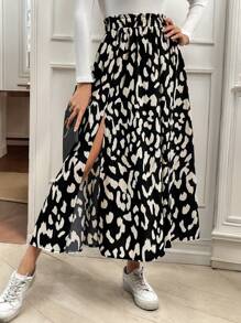 SHEIN Frenchy Allover Leopard Print Split Thigh Skirt Winter Casual Spring - Multicolor - View 3