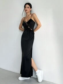 SHEIN EZwear Women's Solid Color Tie-Up Bodycon Split Sling Dress - Black - View 5