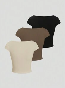 Sweetra 女式夏季纯色甜心领褶皱胸围盖袖休闲 T 恤，简约上衣 - 彩色 - 查看 2