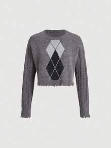 SHEIN MOD 女士灰色流苏边菱形图案针织毛衣，返校季，秋季针织套头衫，秋季女士毛衣 - 灰色 - 查看 2