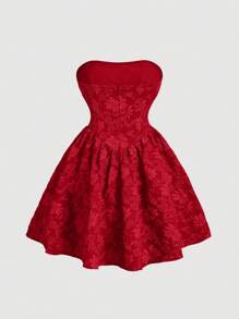 SHEIN MOD 提花情人节约会之夜红色抹胸连衣裙 - 紅色 - 查看 2