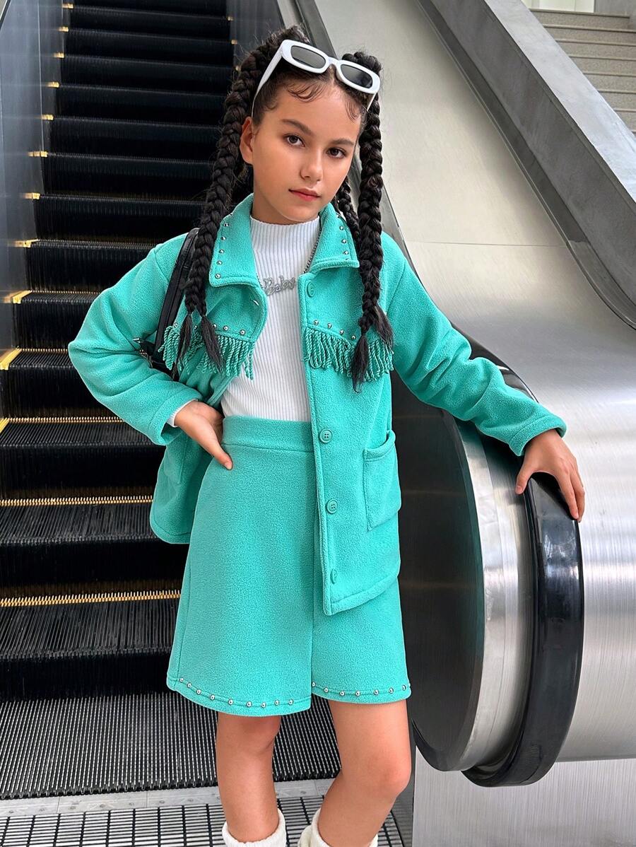 SHEIN Explorewe 2pcs Tween Girls' Casual Rivet & Tassel Decor Fluffy Jacket Coat + Asymmetric Skirt Leggings Set