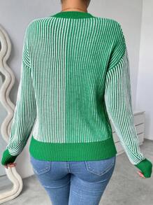 Chiquease 女士圆领长袖撞色条纹休闲宽松毛衣，针织套头衫，秋冬款 - 綠色 - 查看 2