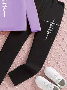 年轻女孩春秋季休闲字母印花长袖 T 恤和黑色打底裤套装 - 彩色 - 查看 3