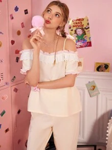 SweetSlumber Bộ đồ ngủ dây xếp nếp màu tương phản cho nữ - Áo ngắn tay và quần dài - Nhiều màu - Xem 5