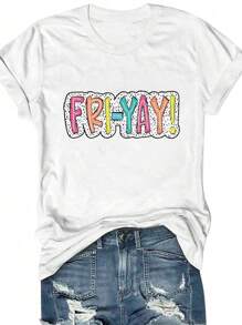 INAWLY 加大码“Fri Yay”教师 T 恤，趣味教师 T 恤，可爱星期五圆领短袖休闲上衣图案 T 恤女式上衣 - 白色 - 查看 1