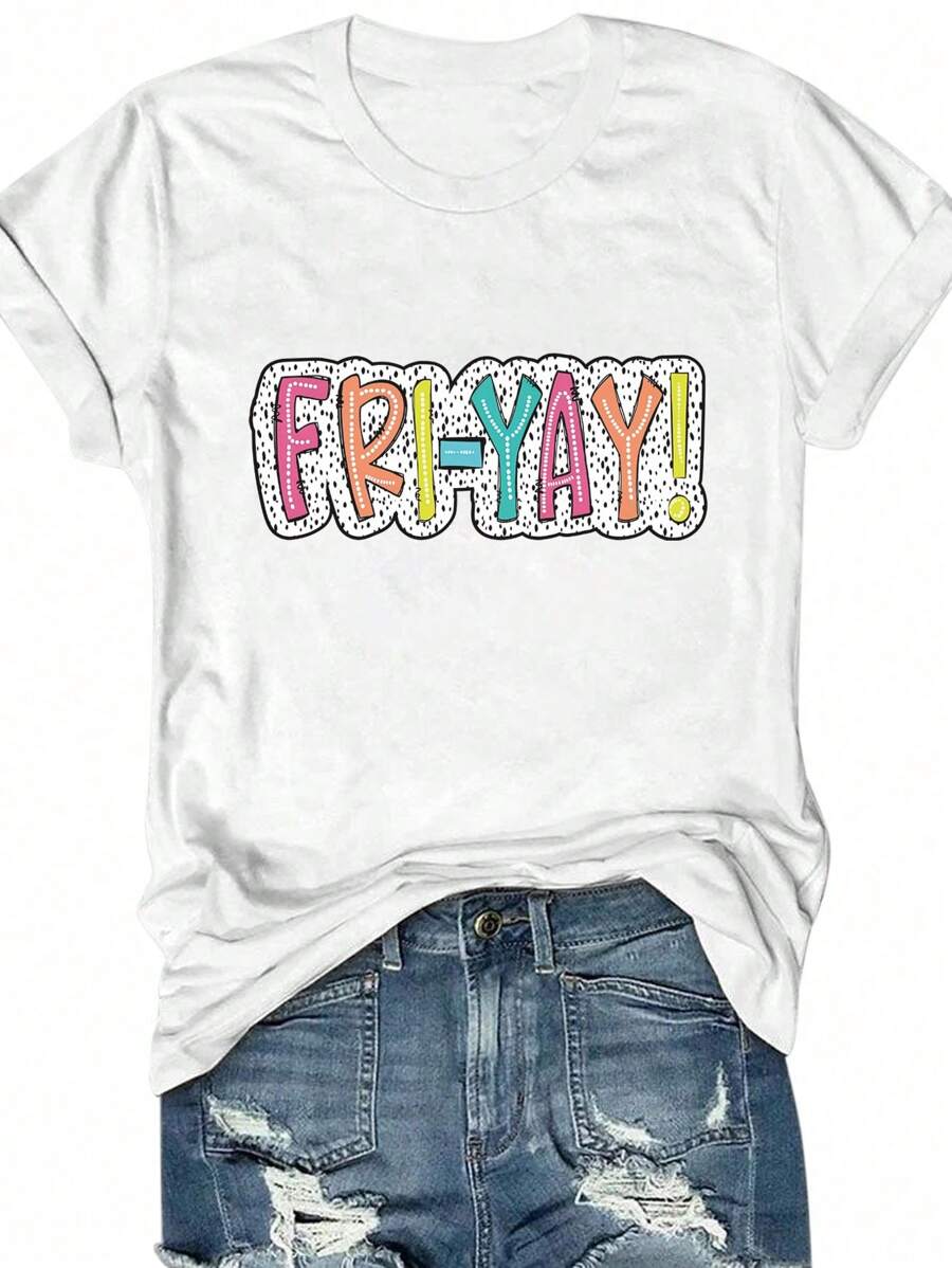 INAWLY 加大码“Fri Yay”教师 T 恤，趣味教师 T 恤，可爱星期五圆领短袖休闲上衣图案 T 恤女式上衣 - 白色 - 查看 1