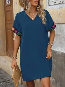 Breezaya Women's Summer V-Neck Raglan Bohemian Floral Ribbon Stitching Dress - Navy Blue - View 3