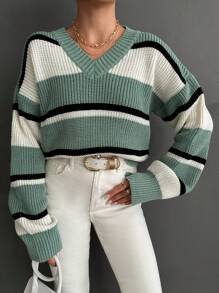 EURMUSE Striped Pattern Drop Shoulder Sweater - Multicolor - View 1