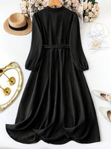 SHEIN LUNE Đầm Maxi Tay Dài Có Cổ Thắt Lưng Màu Trơn Cỡ Lớn Cho Nữ - màu đen - Xem 2