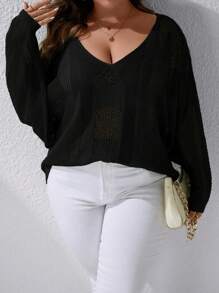 SHEIN LUNE Plus Size Casual Solid Color Hollow Out Knit Black Sweater, Spring Autumn - Black - View 7