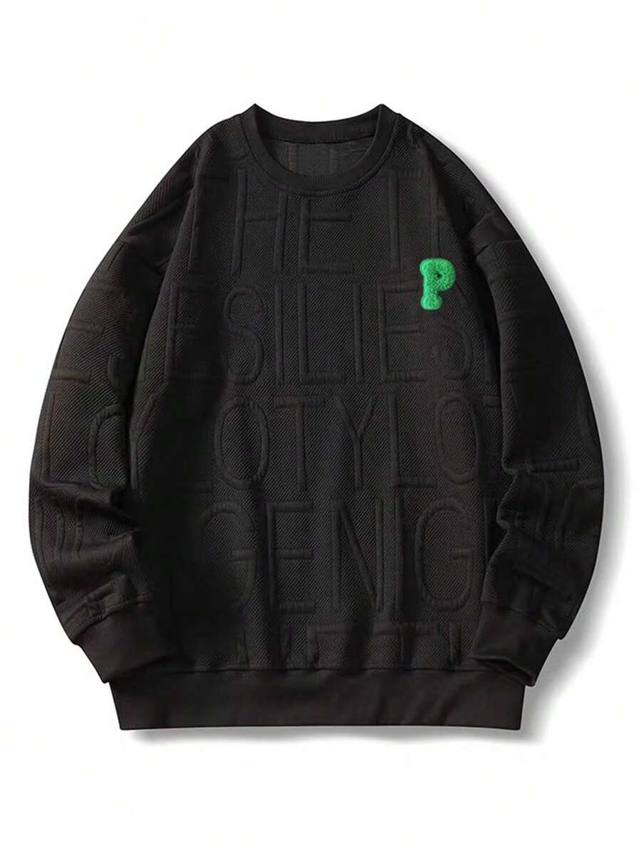 Chillumni Men's Letter Graphic Crew Neck Loose Fit Casual Sweatshirt - Black - View 1