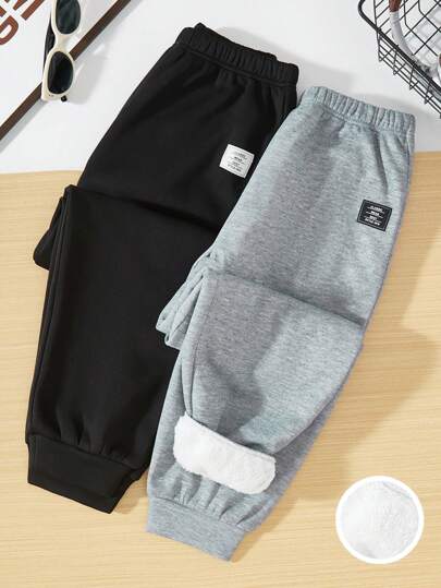 SHEIN 2 件 Tween Boy 休闲风格撞色贴片保暖内衬运动裤，适合秋冬季