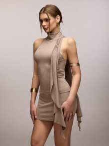 SHEIN SXY 2pcs Turtle Neck Sleeveless Crop Top And Tight Skirt Set For Women Fall Clothes Women