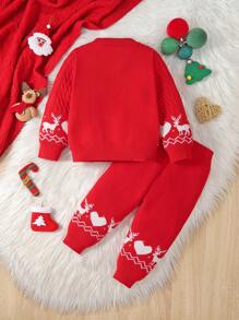 2 件套婴儿女孩/男孩针织圆领毛衣和裤子套装，舒适温暖，适合秋冬季假期圣诞节新年驯鹿心形设计 - 紅色 - 查看 2