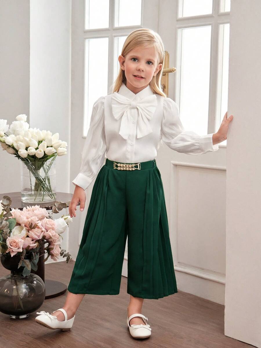 SHEIN Leap Crew Bộ thời trang bé gái Chuỗi Nơ trước Nút phía trước Khối Màu Buổi tiệc - Nhiều màu - Xem 1