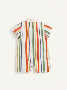 Cozy Pixies Baby Boy Colorful Striped Lapel Short Sleeve Half-Placket Romper - Apricot - View 2